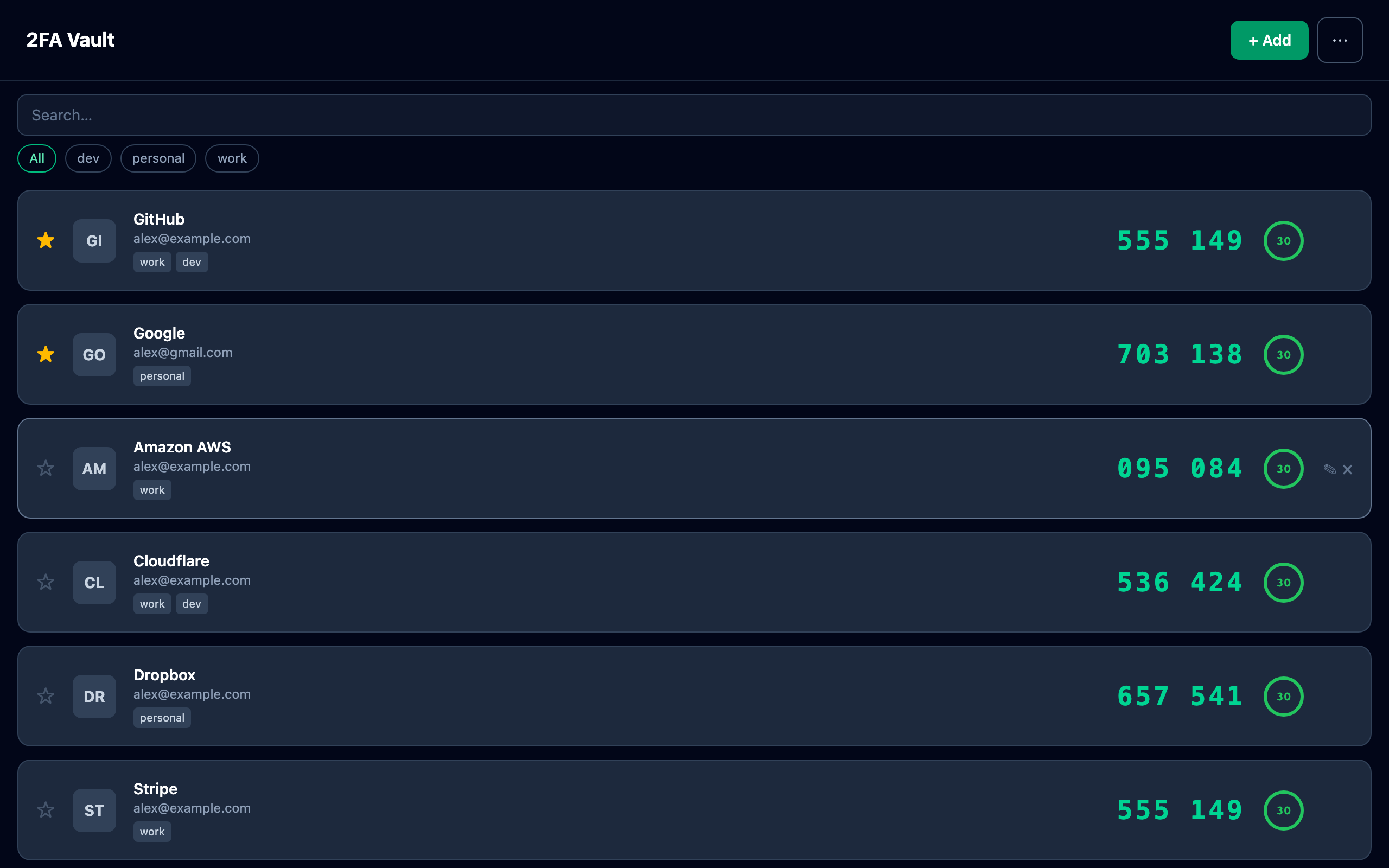 2FA Vault showing accounts with live codes and countdown rings