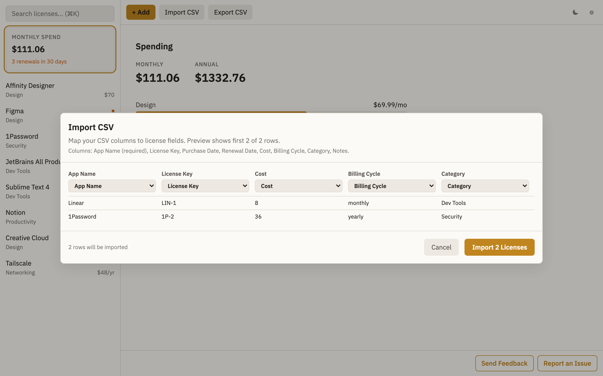 CSV import dialog mapping columns to license fields with a live preview